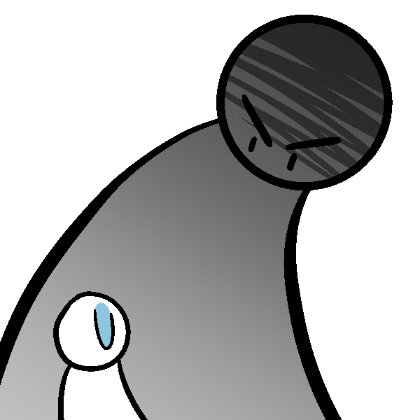  A drawing of a dark, towering figure glaring down at a very small, sweating figure.